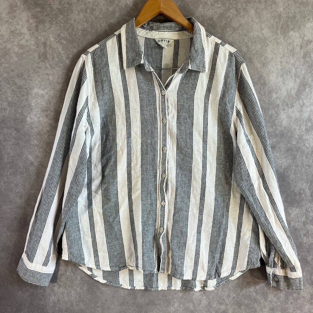 Orvis Button Front Shirt Womens XL White Blue Stripe Linen Blend Long Sleeve